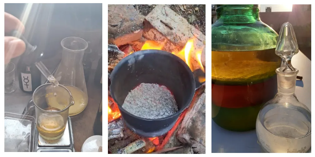 Las tres caras del proceso alquímico: extracción en laboratorio, calcinación al fuego y elixires terminados.
